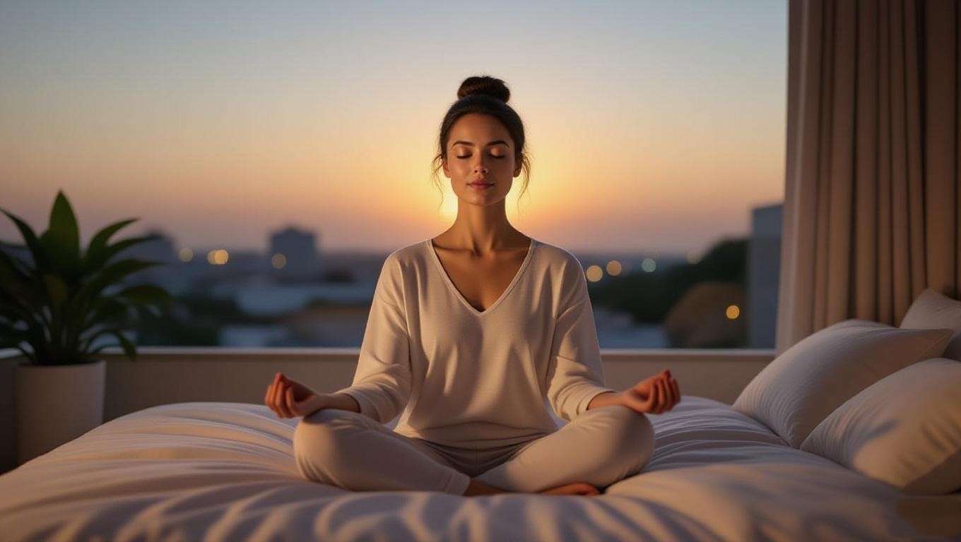 Person meditating with 4-7-8 breathing technique on bed with silk pillowcases for sleep scars healing