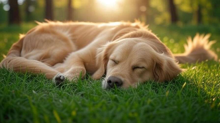 Golden retriever sleeping with tail raised in sunlight, representing dog wagging tail in sleep.