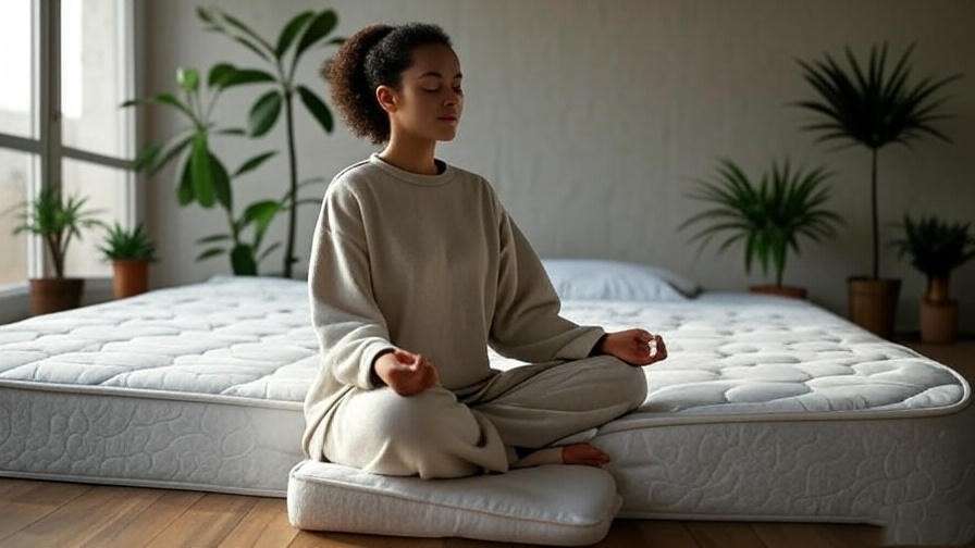 Person meditating on a latex mattress in a serene bedroom, promoting holistic sleep routines.
