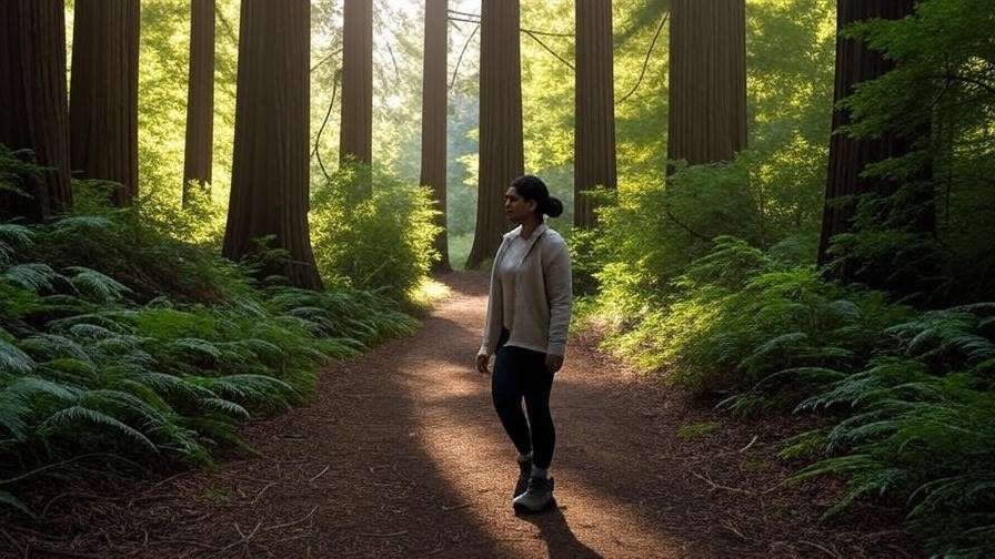Person walking mindfully on a Lagunitas forest trail surrounded by redwoods.
