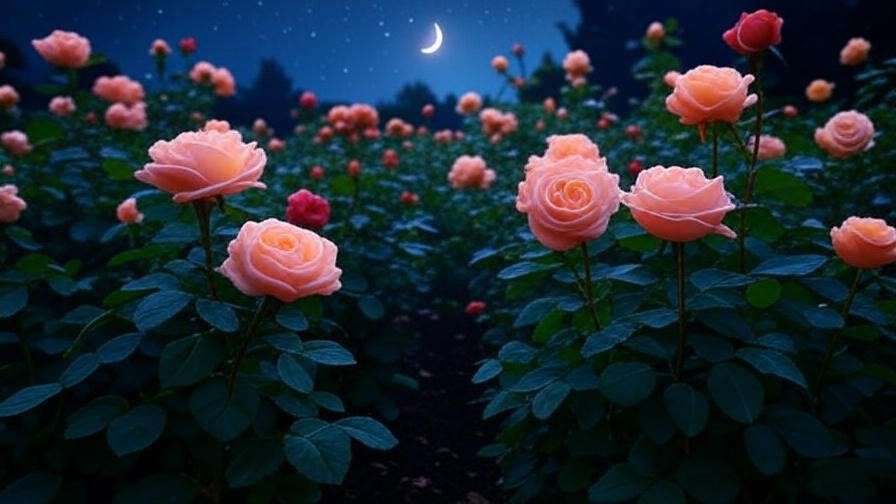 Surreal rose garden glowing at twilight for Dali Rose meditative practices.