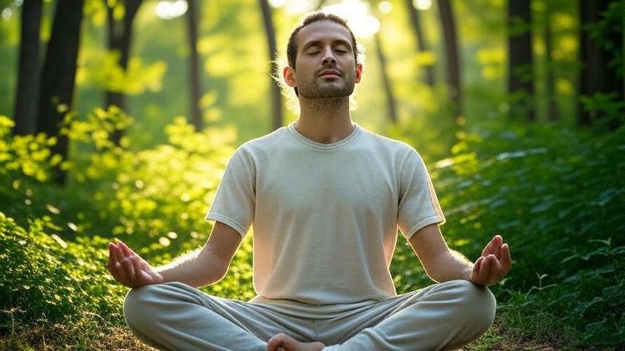Person meditating peacefully in a lush forest, symbolizing mindfulness and focus.