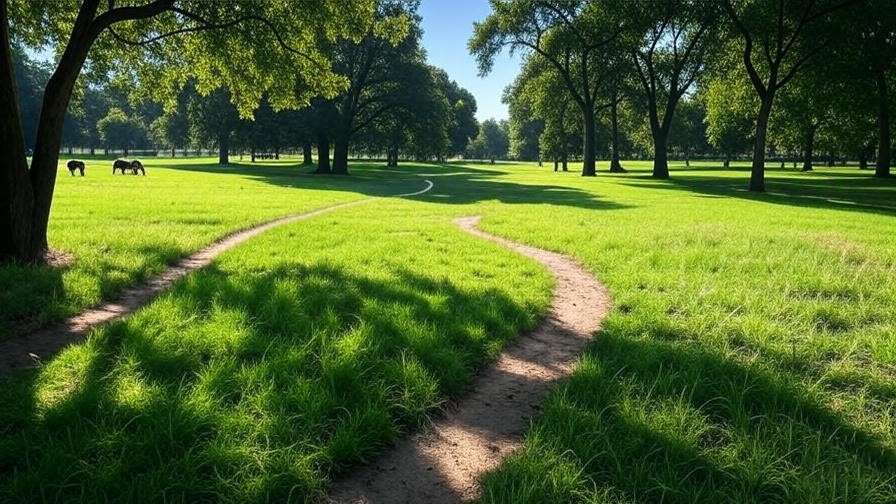 Serene walking trails at Gloucester County Dream Park with horses grazing in lush meadows.