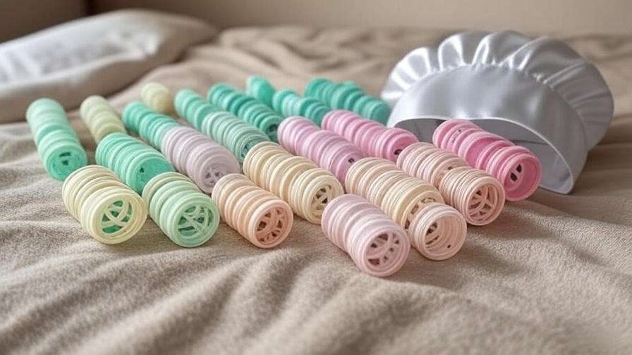 Close-up of foam, satin, and flexi-rod hair rollers with satin bonnet for comfortable sleep styling.