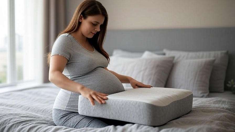 Pregnant woman using a wedge pillow to relieve heartburn while lying in bed