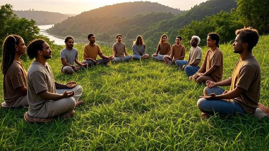 Group meditating together in nature, promoting a community lifestyle with Walden meditation.