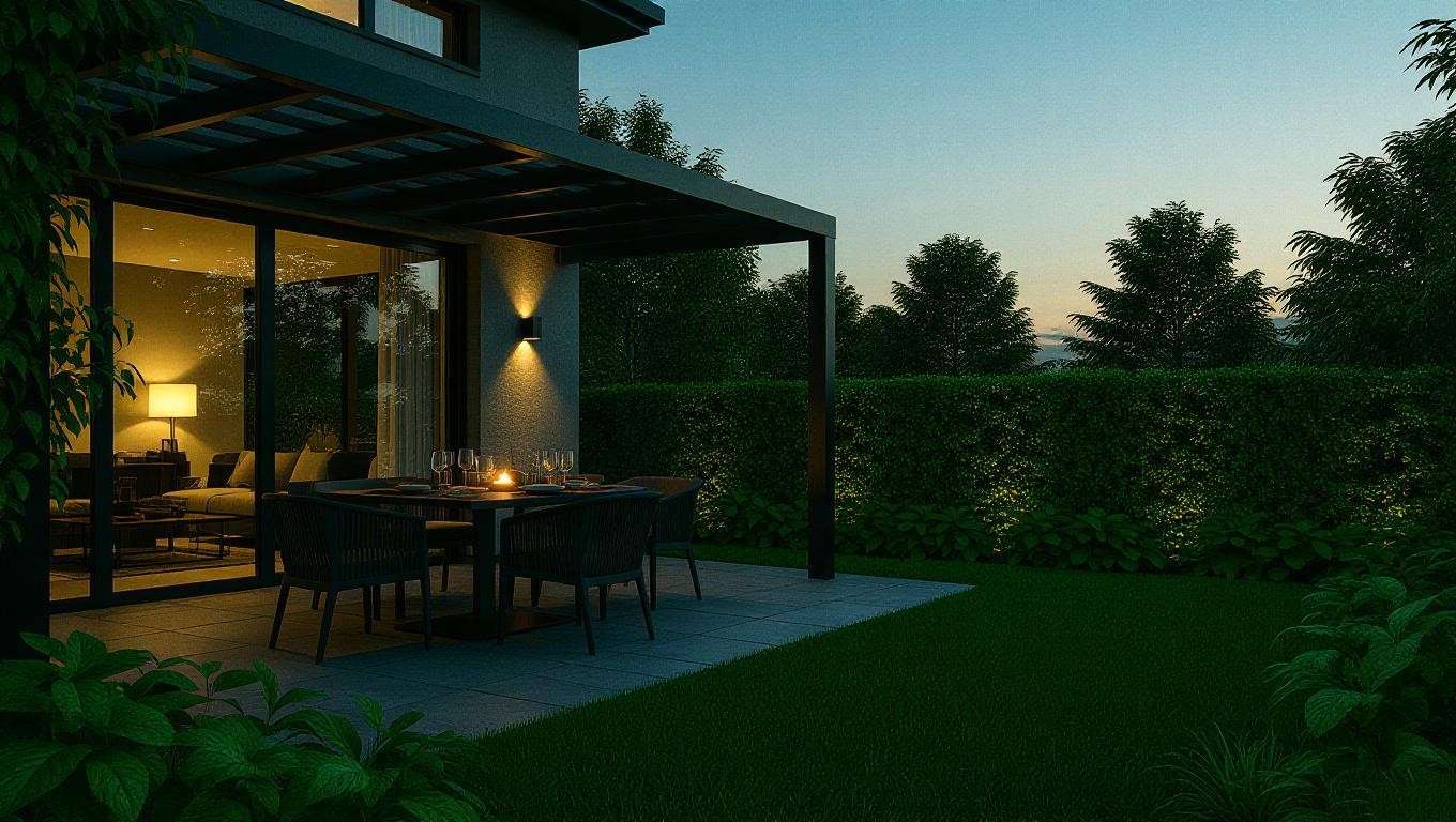 Wasp-free patio with amber lighting and spearmint plants