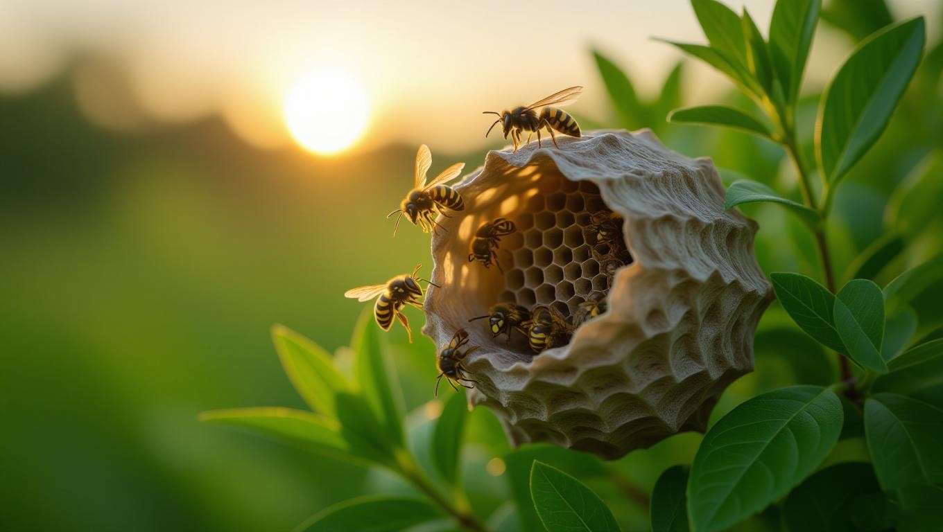 Wasp nest at dusk with resting wasps under amber lighting