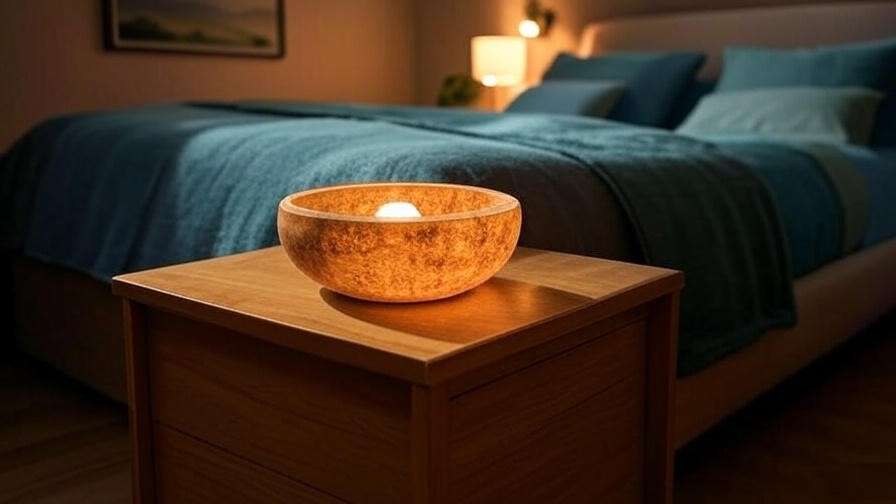 Chakra meditation bowl on a nightstand in a cozy, sleep-friendly bedroom with blue and green bedding.