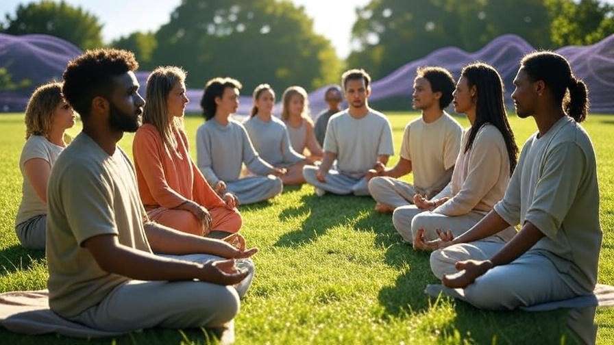 Diverse group meditating in a park with AI-guided wave patterns overlay.