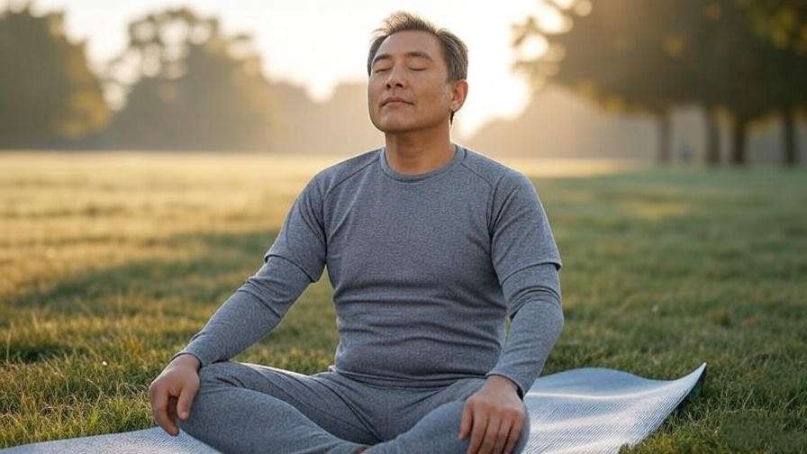 Man performing calming pranayama breathwork yoga in Greenwich park for stress relief and sleep.
