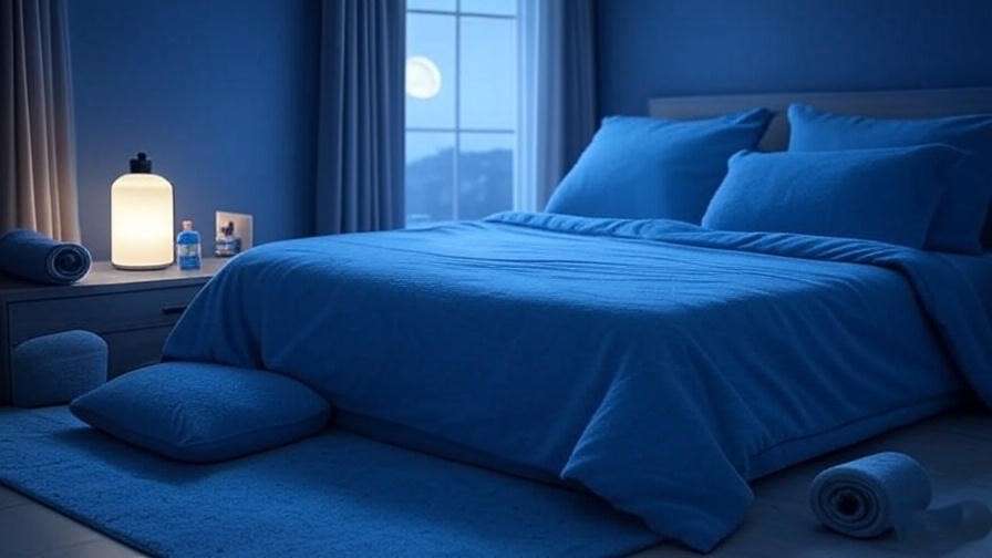 Cozy bedroom with Neuro Sleep Drink bottle, yoga mat, and meditation cushion at night
