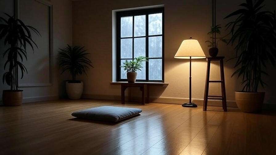 Soothing meditation room with dimmable floor lamp and warm lighting ambiance.