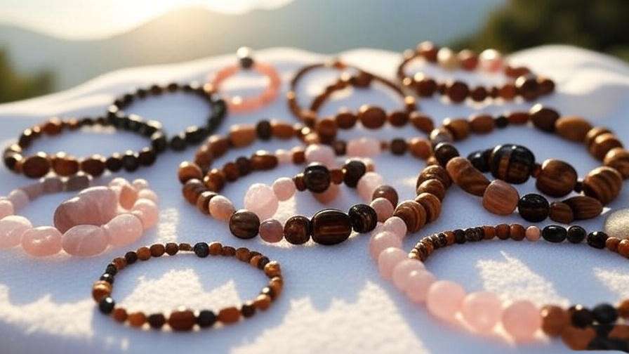 Display of meditation bracelets with rose quartz, tiger’s eye, and sandalwood beads in a tranquil outdoor environment.