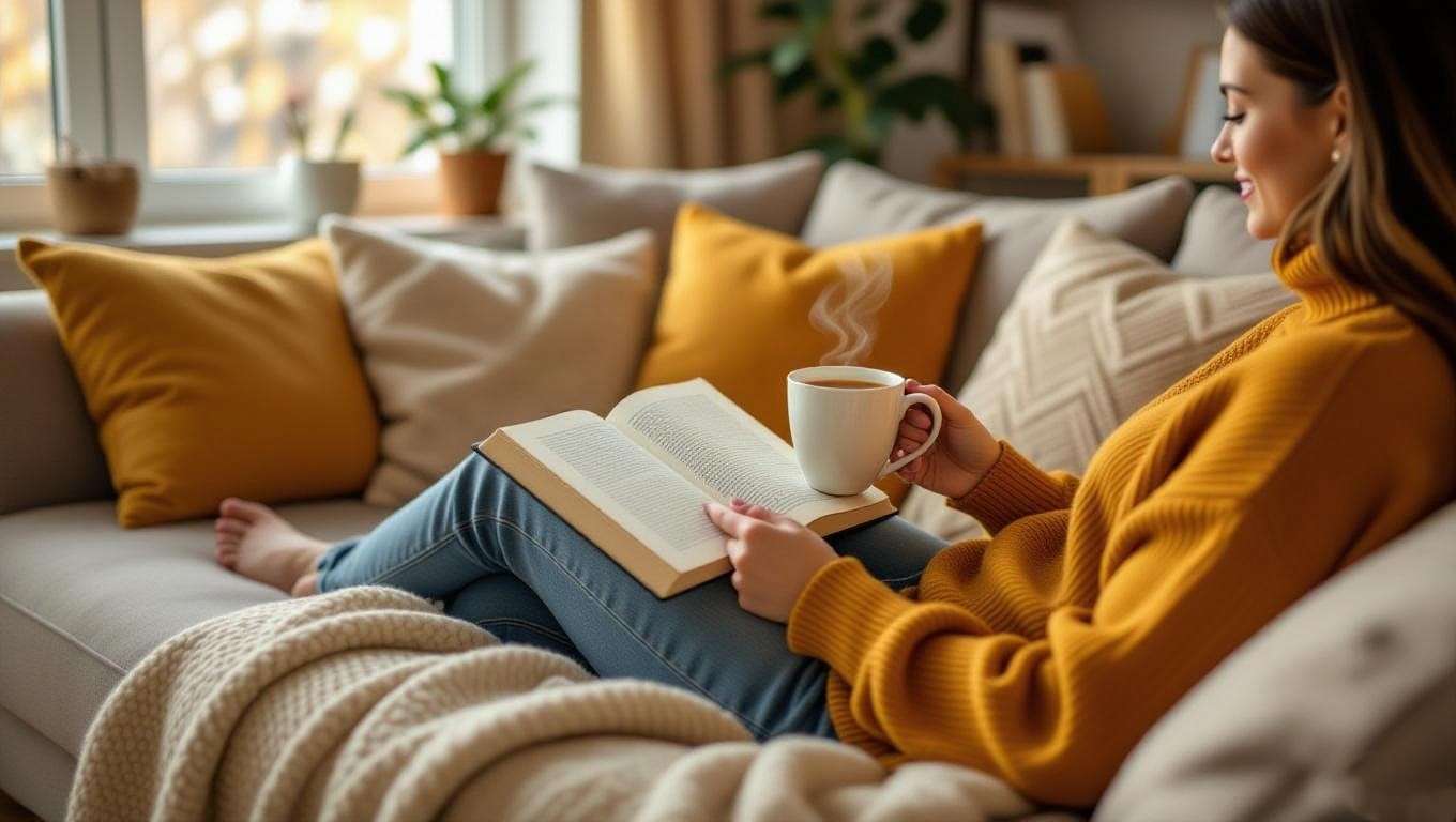 Cozy living room with a person reading and sipping tea, promoting engagement with FAQs.