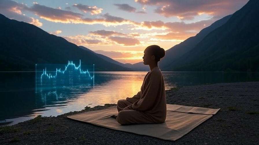 Person meditating by a lake with a holographic financial chart, symbolizing mindful decision-making.