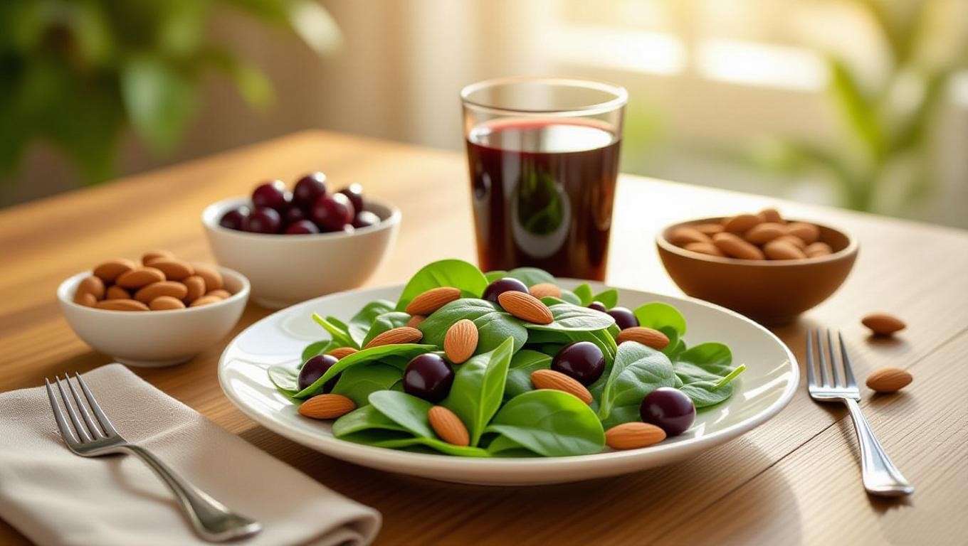 Healthy meal with spinach salad, almonds, and tart cherry juice on wooden table for better sleep.