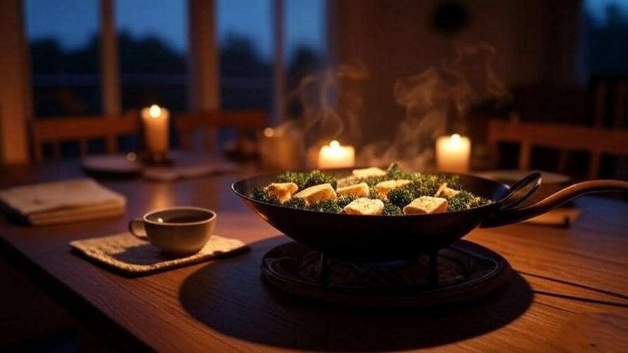 A relaxing evening wok dinner with tofu and kale under candlelight for better sleep.