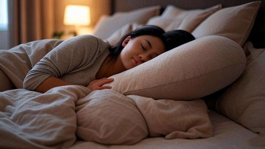 Side sleeper using body pillow for shoulder support and alignment.