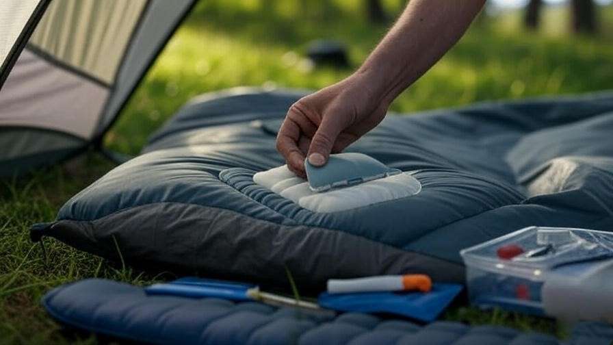 Repairing an ultralight sleeping pad with a patch kit inside a tent.