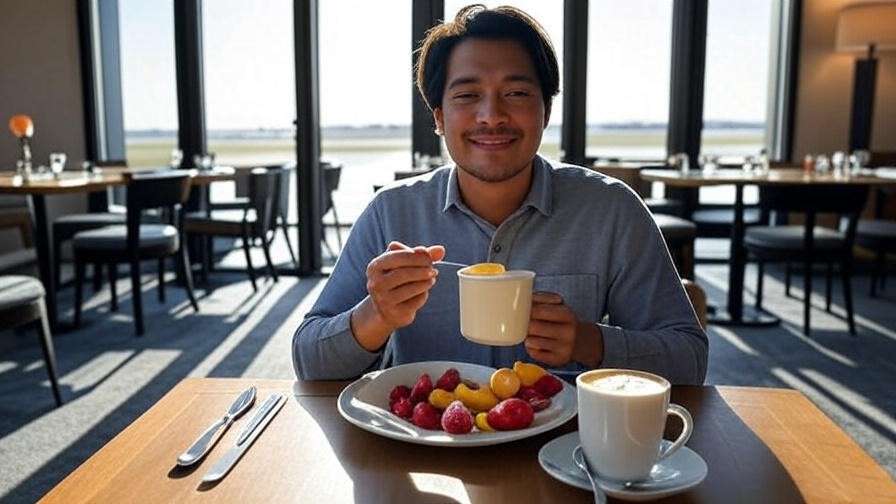 Traveler enjoying healthy breakfast with airport view at a Park Sleep Fly hotel near Boston Logan