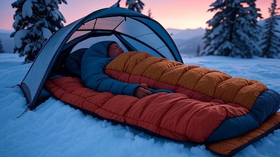 Person sleeping on an ultralight sleeping pad in a snowy winter campsite with mountains.