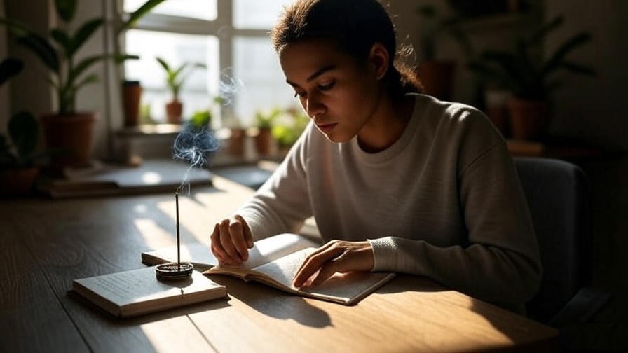 Person journaling with burning incense and plants.