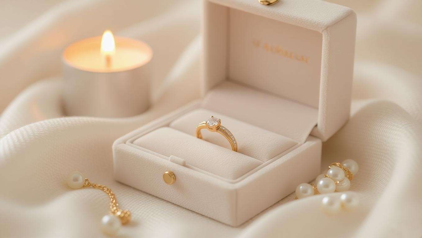 Meditation ring in a jewelry box with candle for care.