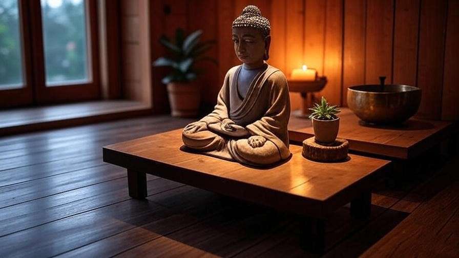 Cozy meditation corner with meditating Buddha statue, candle, plant, and singing bowl.