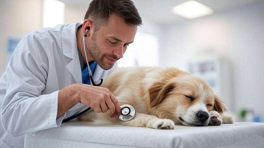Veterinarian examining sleeping dog with stethoscope, addressing dog sleep concerns.
