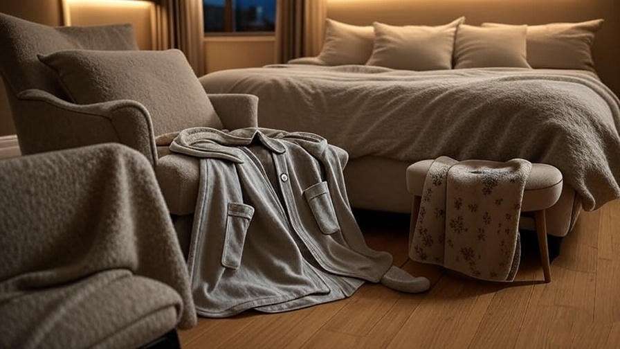 Oversized sleep shirt layered with robe and socks for seasonal comfort on a bedroom chair.