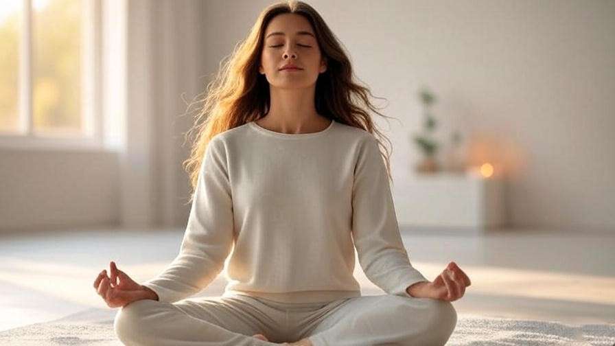Person meditating for stress relief and healthy hair with rollers.