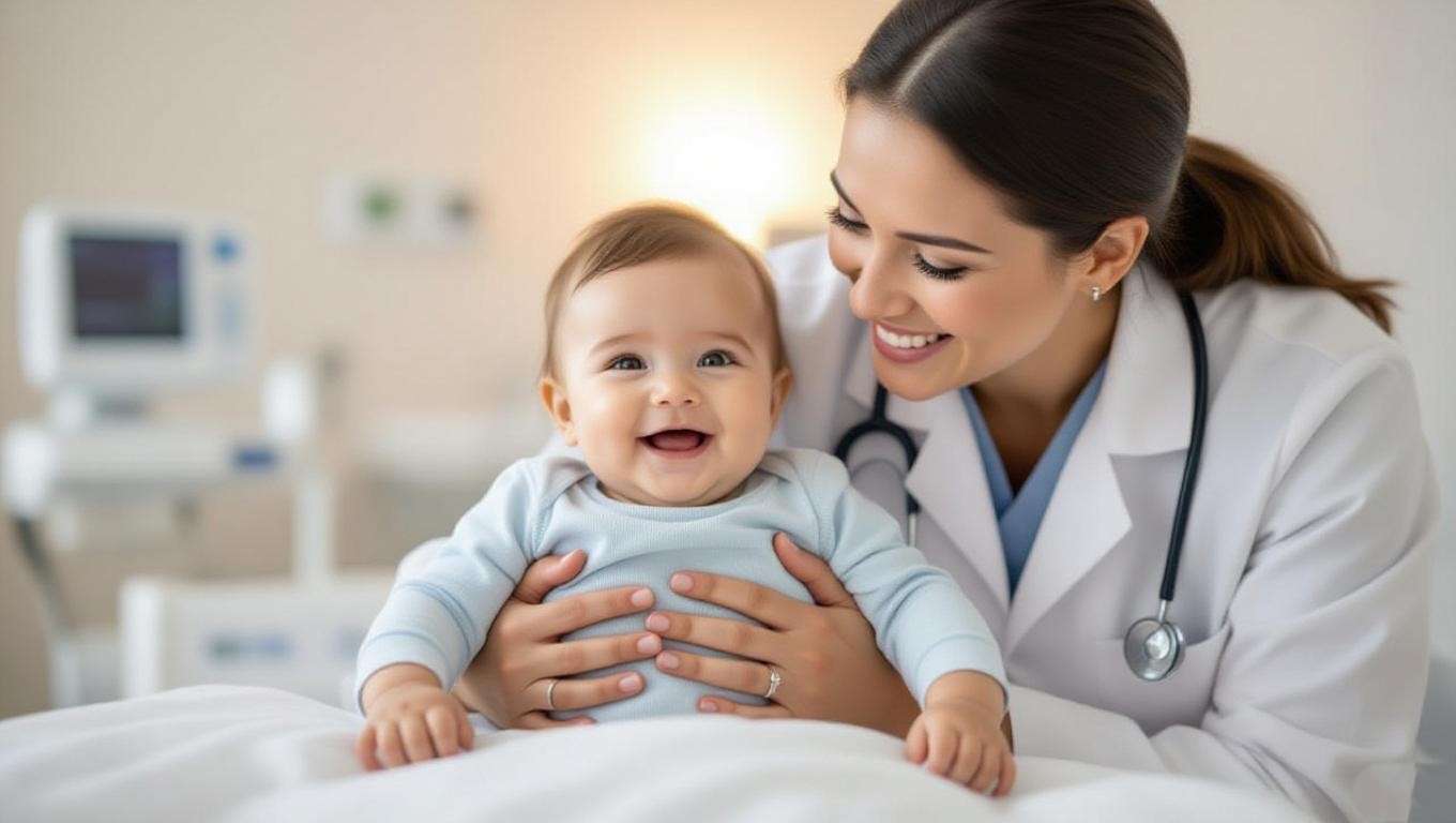 Pediatrician examining a smiling baby in a warm clinical setting