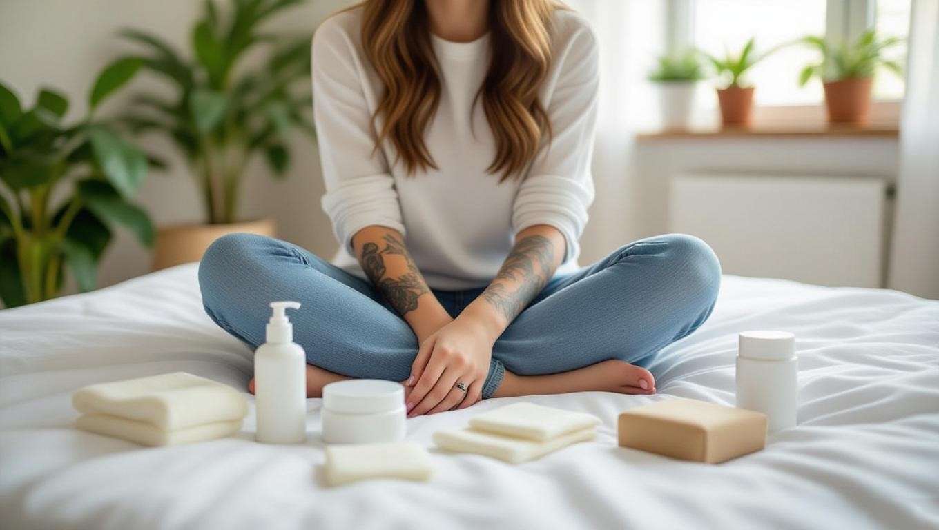 Person practicing post-tattoo meditation with aftercare products