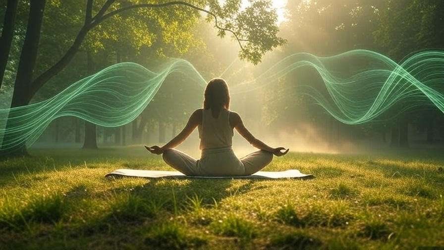 Person practicing yoga in a forest clearing with digital meditation app waves.