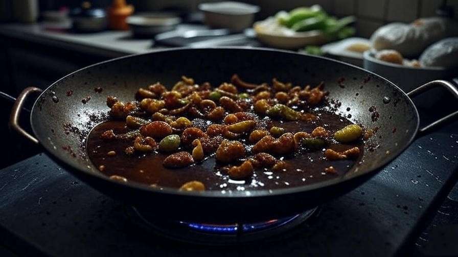 An example of overcooked vegetables and oily sauce in a wok as a cooking mistake to avoid.