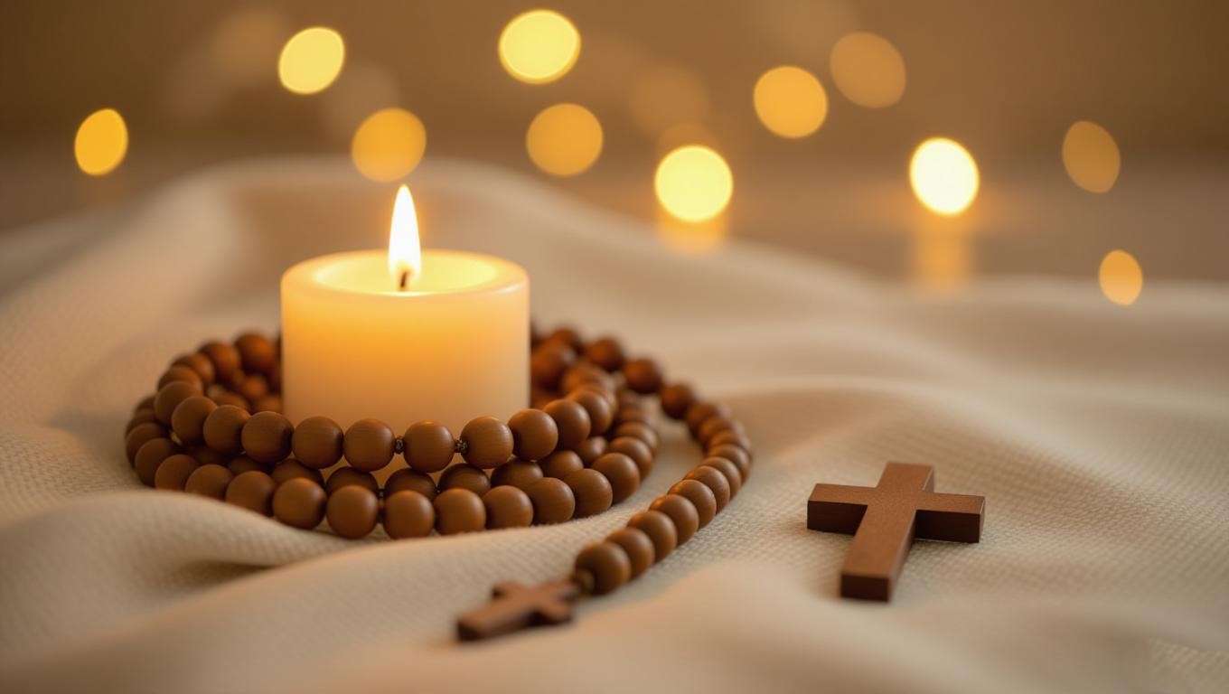 Serene meditation setup with Rosary, lit candle, and wooden cross for Luminous Mysteries Meditation.