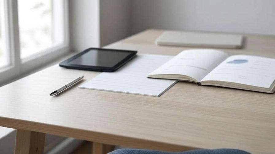 Minimalist desk with Kindle and notebook for wellness tracking.