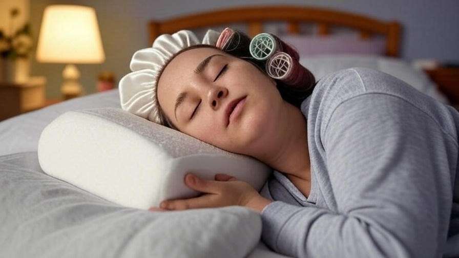 Person sleeping comfortably with rollers and satin bonnet on memory foam pillow.