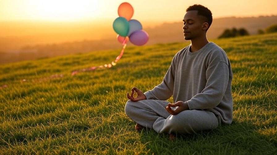 Person meditating on hill at sunset with floating balloons