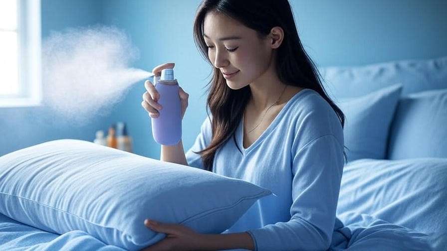 Lavender mist being sprayed on pillow with aromatherapy diffuser.