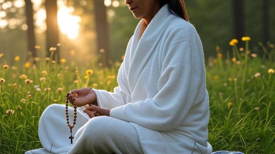 A person meditating with Rosary beads in a tranquil outdoor setting at sunrise, surrounded by trees and wildflowers.

