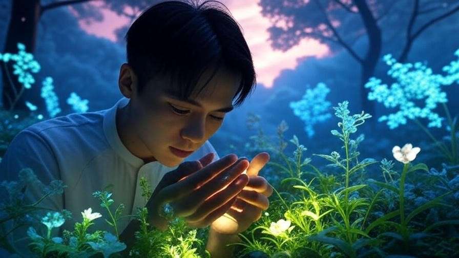 Person doing reality check in a glowing dreamlike landscape for lucid dreaming.