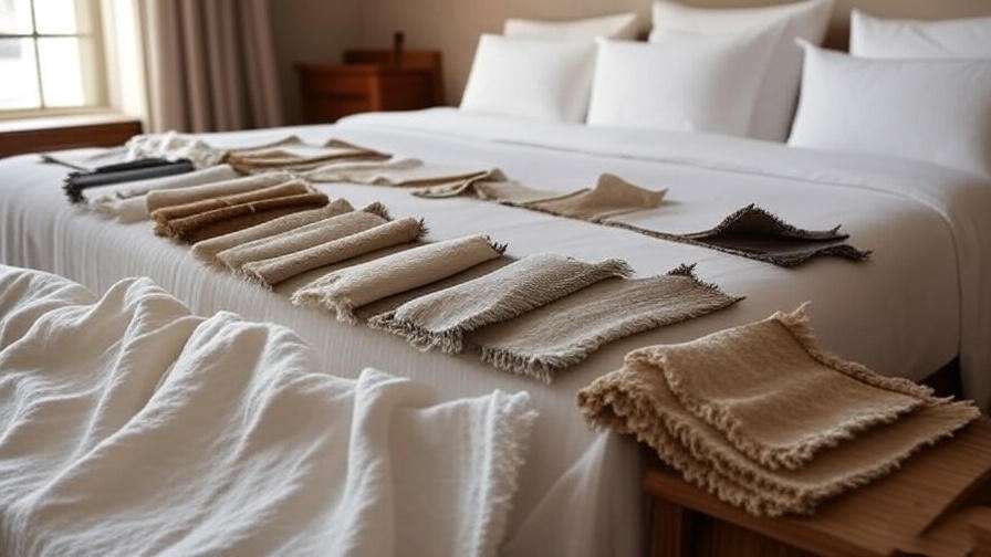 Close-up of cotton, bamboo, modal, and linen fabric swatches on a cozy bed for oversized sleep shirts.
