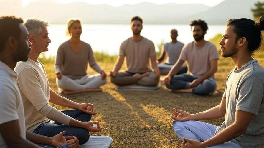 Diverse group meditating by lake for TM community support.
