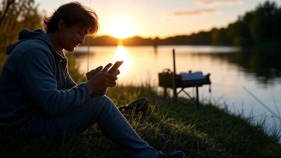Person putting away smartphone at sunset by a lake for a fishing-inspired digital detox.