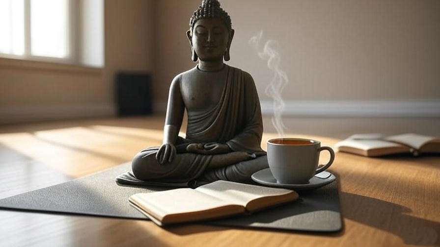 Holistic meditation setup with Buddha statue, yoga mat, journal, and tea.