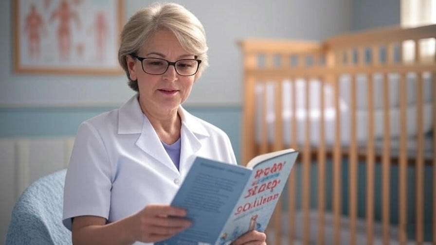 Pediatric expert reviewing baby sleep book in a professional nursery.