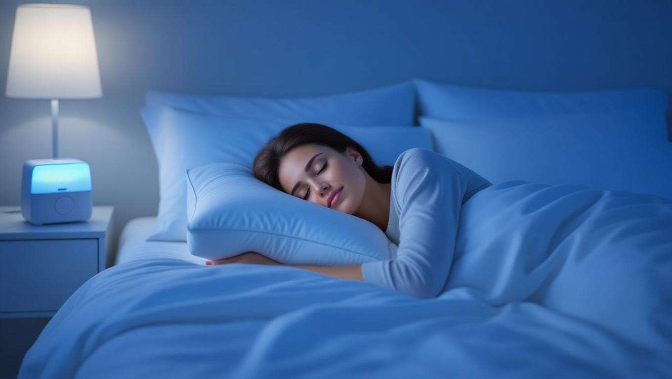 Person sleeping on back with cervical pillow and white noise machine in peaceful bedroom