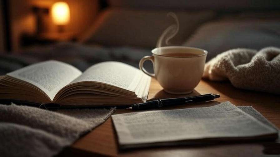 Journal and herbal tea on nightstand for a calming pre-sleep routine.